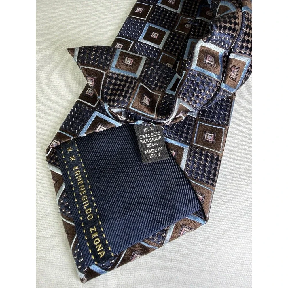 ERMENEGILDO ZEGNA Silk Necktie ITALY Luxury XXX Geometric Squares Textured Motif